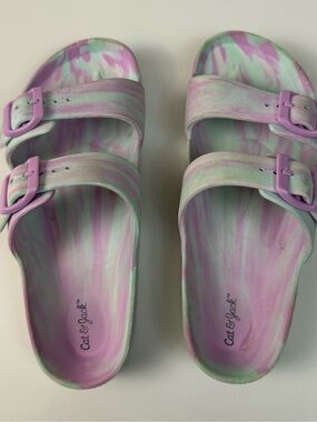 Cat & Jack Girls Tie-Dye Buckle Slide Sandals - Pink & Purple & Mint Size 2